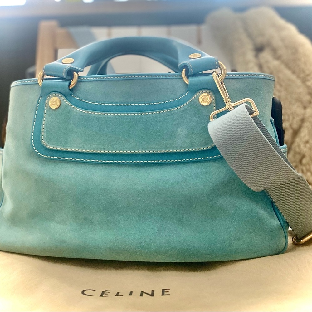 Celine,leather and suede Tiffany/robinsegg blue Boogie bag/tote/crossbody.$2700.